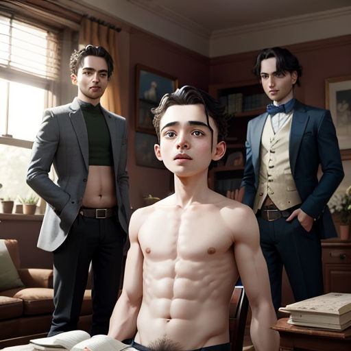 a man with no shirt standing in front of two other men in suits and ties in a living room