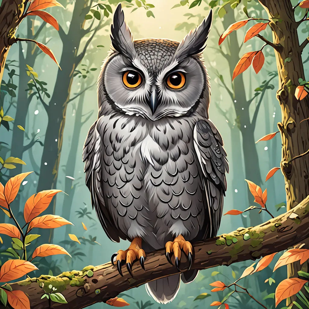 a painting of an owl sitting on a branch in a forest with leaves and flowers around it, with a bright light shining on the background, fantasy art, a digital painting, Dan Mumford, highly detailed digital painting