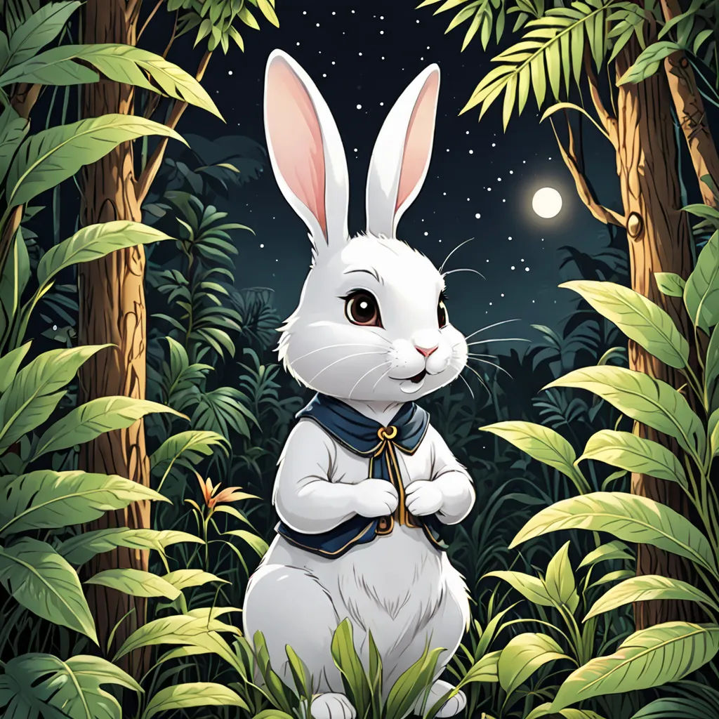 a white rabbit sitting in the middle of a forest at night with a full moon in the background and a forest scene with tall grass and trees, furry art, a storybook illustration, Beatrix Potter, rossdraws global illumination