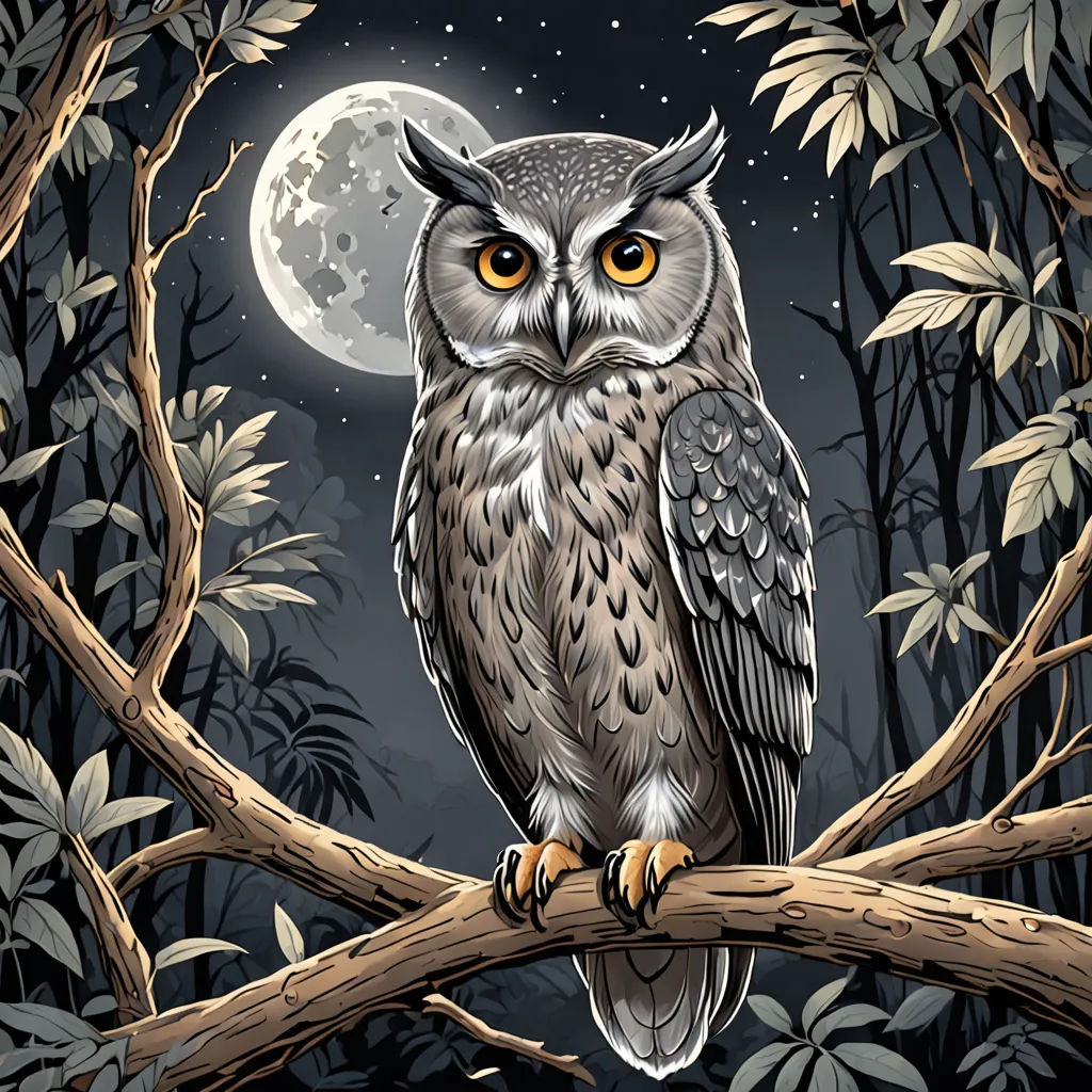a owl sitting on a branch in a forest with a full moon in the background and leaves on the branches, fantasy art, a storybook illustration, Dan Mumford, detailed illustration