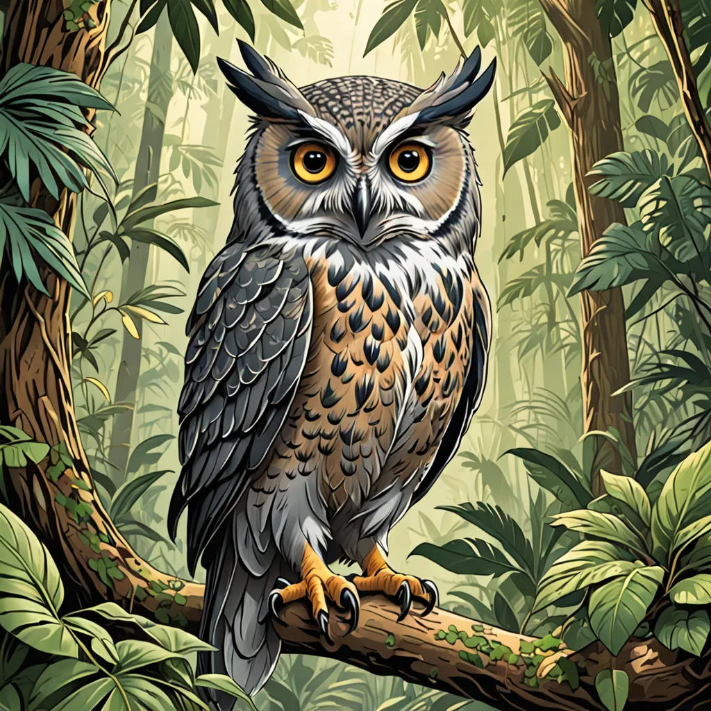 a painting of an owl sitting on a branch in a forest with lots of trees and plants around it, fantasy art, a storybook illustration, Dan Mumford, highly detailed digital painting