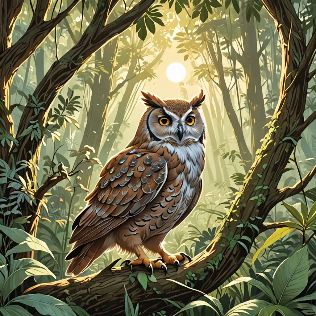 a painting of an owl sitting on a tree branch in a forest with sunlight shining through the trees and leaves, fantasy art, a storybook illustration, Dan Mumford, rossdraws global illumination