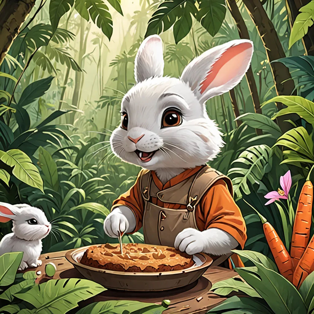 a rabbit and a bunny rabbit eating a pie in the forest with carrots and a bunny rabbit looking at it, furry art, a storybook illustration, Chris Rahn, magic the gathering artwork