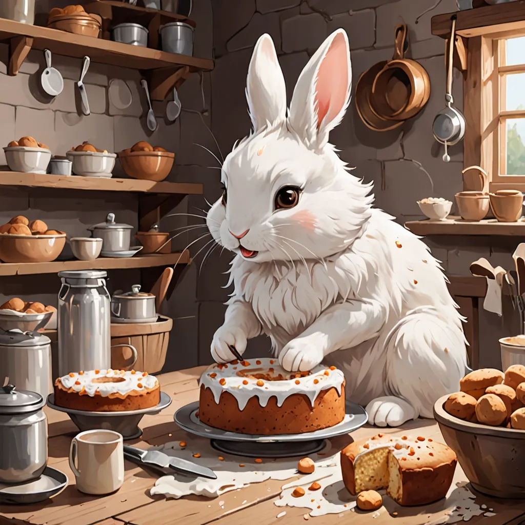 a painting of a white rabbit sitting at a table with a cake and coffee cups on it, and a plate of cake, furry art, a storybook illustration, Chris LaBrooy, trending on art station