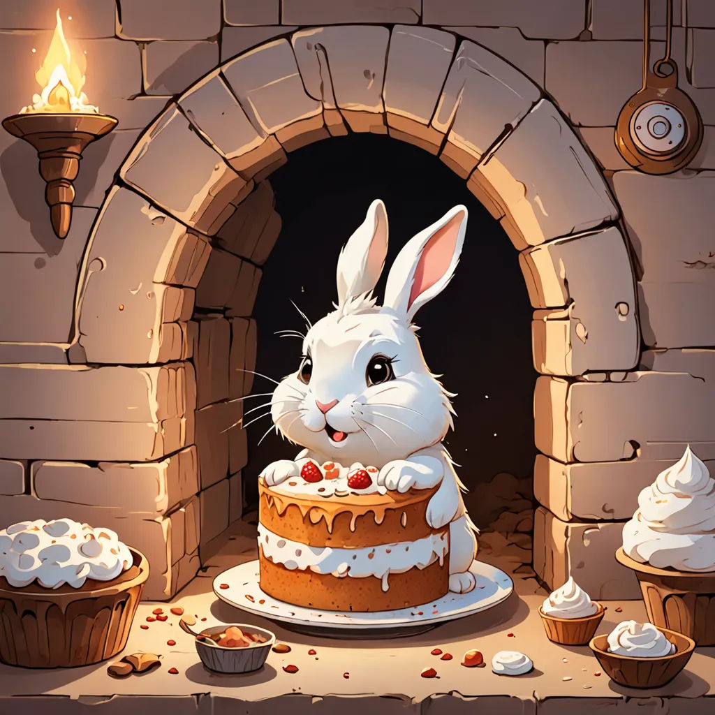 a rabbit is sitting in front of a cake with frosting on it and a candle is lit in the background, fantasy art, a storybook illustration, Chris LaBrooy, fantasy illustration