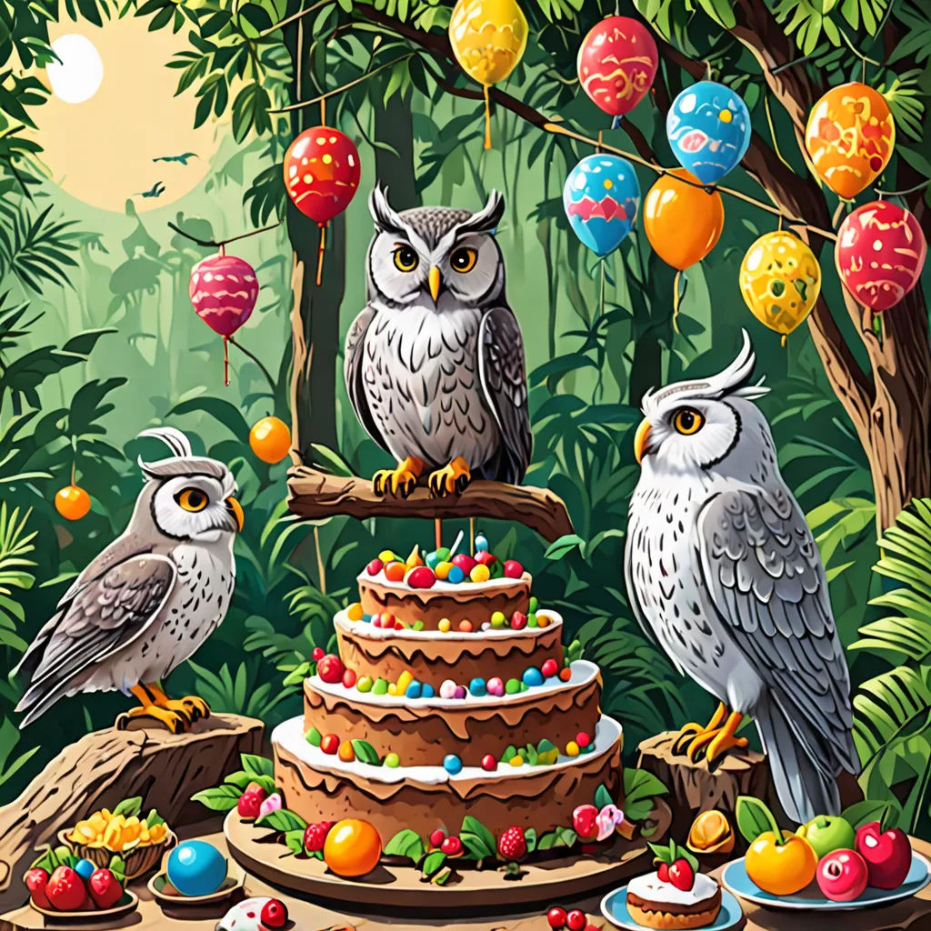 a painting of two owls sitting on a tree branch with a cake in front of them and balloons in the background, pop surrealism, a storybook illustration, Chris LaBrooy, highly detailed digital painting