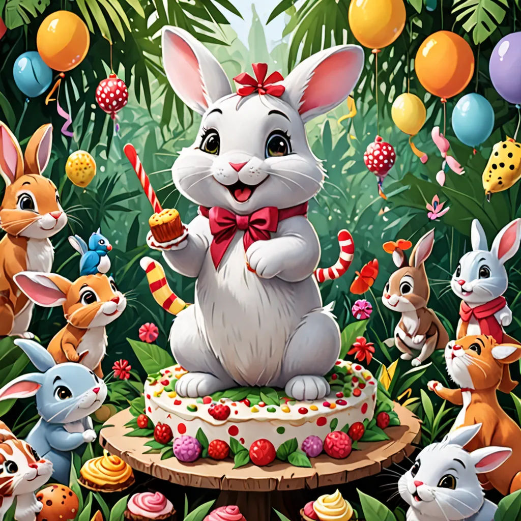 a painting of a bunny holding a candle surrounded by other bunnies and other bunnies and balloons in the background, furry art, a storybook illustration, Chris LaBrooy, highly detailed digital painting