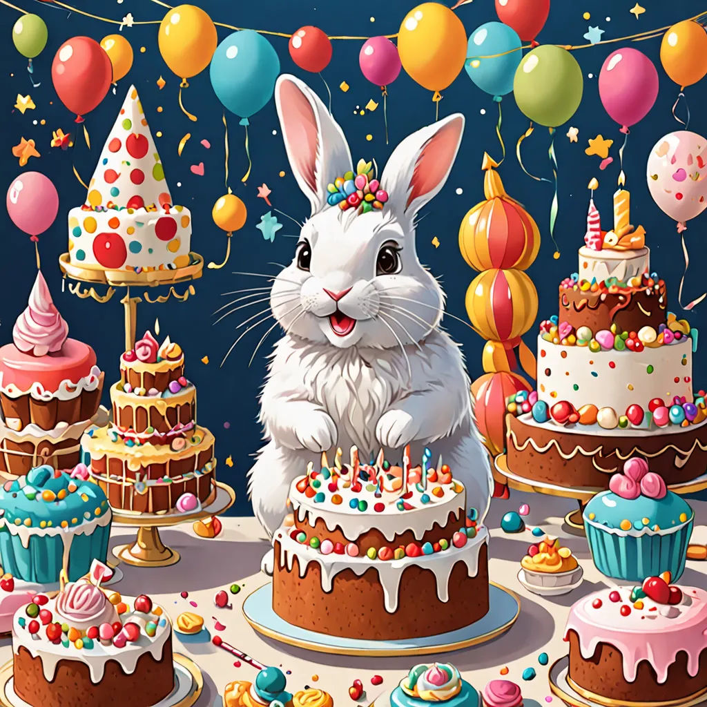 a rabbit sitting in front of a cake surrounded by cupcakes and balloons with a birthday hat on, naive art, a storybook illustration, Chris LaBrooy, highly detailed digital painting