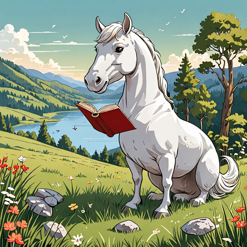 a white horse standing on a lush green field next to a lake and forest with a book in its mouth, fantasy art, a storybook illustration, Chris LaBrooy, storybook illustration