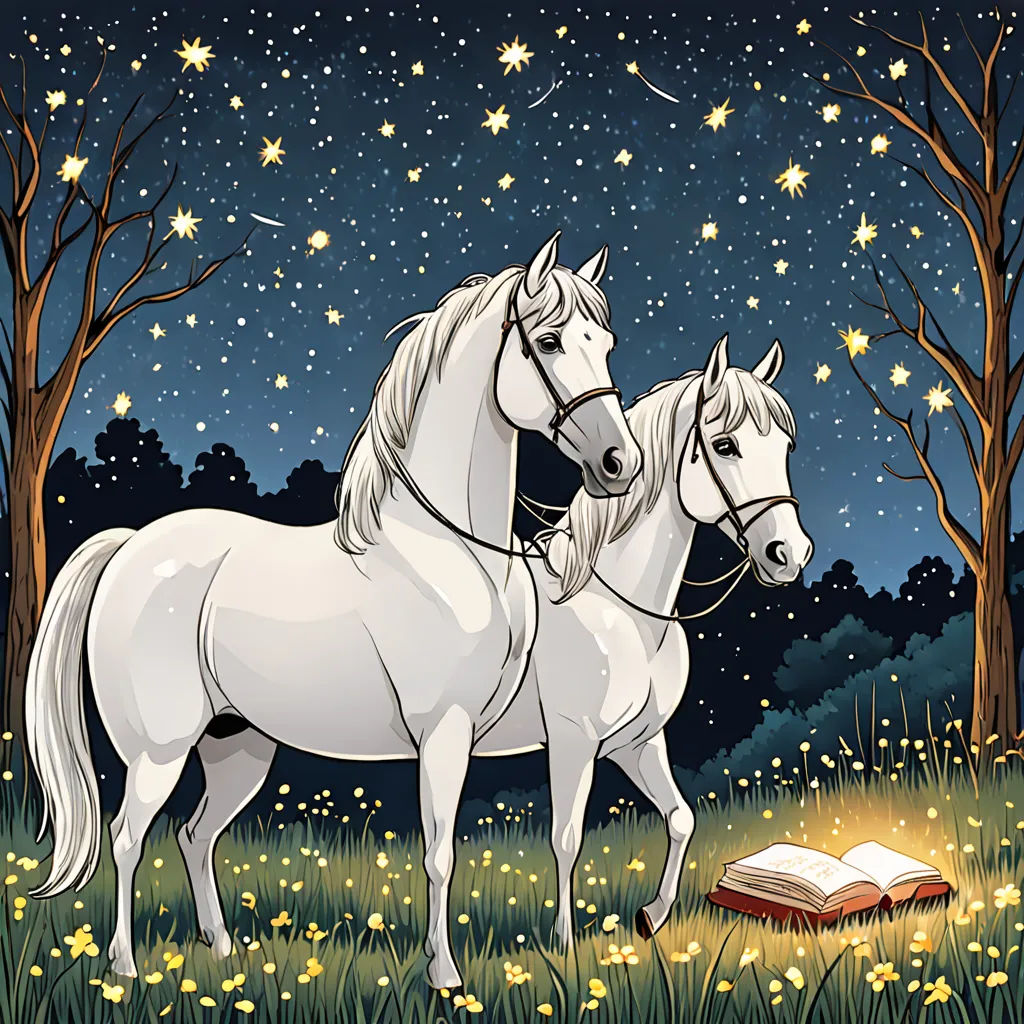 two white horses standing in a field with a book in front of them and stars in the sky above, magical realism, a storybook illustration, Anne Stokes, storybook illustration