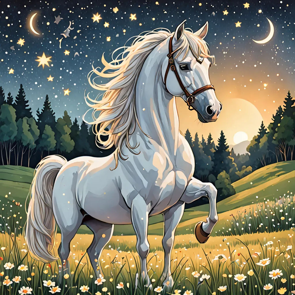 a white horse standing in a field of flowers at night with stars and moon in the sky above it, fantasy art, a storybook illustration, Chris LaBrooy, highly detailed digital painting