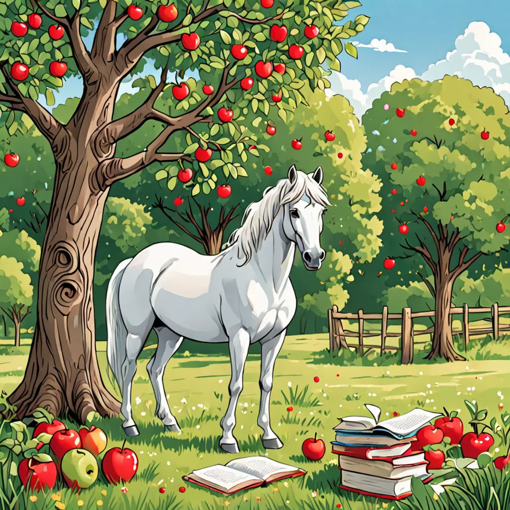 a white horse standing in the grass next to a tree and apple orchard with books on the ground and apples on the ground, magical realism, a storybook illustration, David Martin, storybook illustration