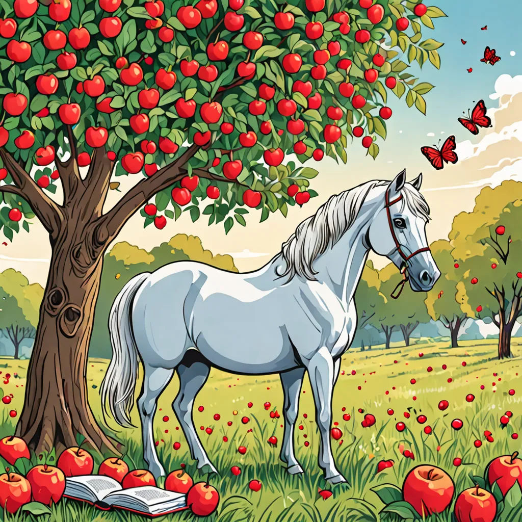 a horse standing in a field next to a tree with apples on it and a book in the foreground, magical realism, a storybook illustration, David Martin, storybook illustration