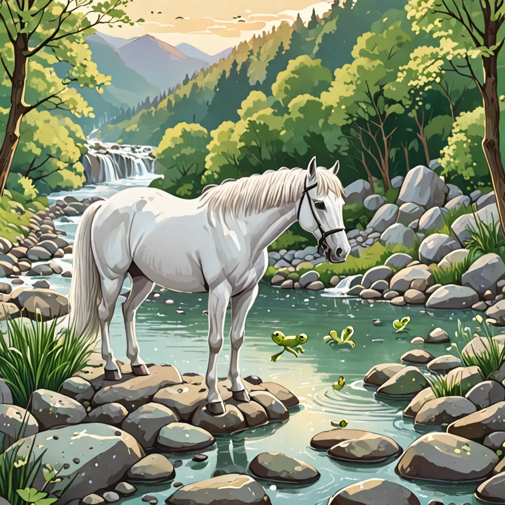 a white horse standing on a rocky river bank next to a waterfall and a forest with a waterfall in the background, american scene painting, a storybook illustration, Chris LaBrooy, storybook illustration