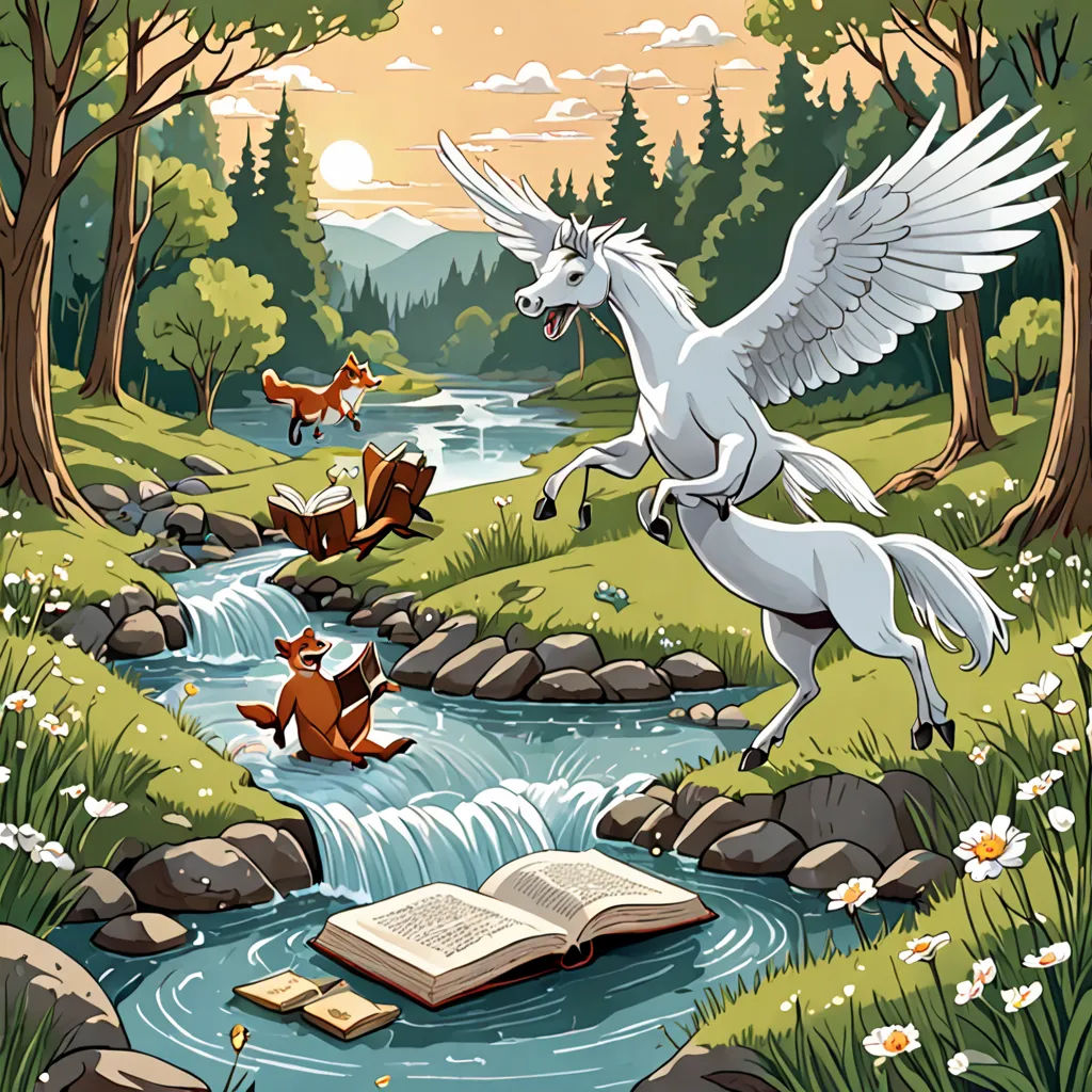 a painting of a white horse and other animals in a forest with a river running through it and a book in the foreground, fantasy art, a storybook illustration, Chris LaBrooy, storybook illustration