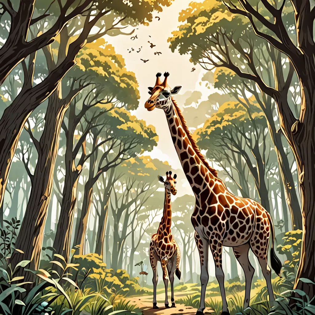 a giraffe and a baby giraffe in a forest with trees and birds flying overhead,, fantastic realism, a storybook illustration, Chris LaBrooy, highly detailed digital painting
