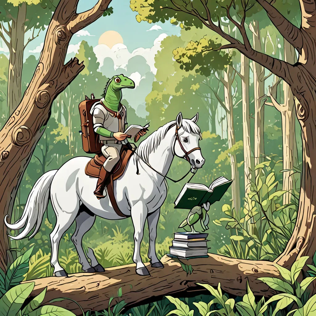 a man riding a horse in a forest with a book on the back of it's back end, fantasy art, a storybook illustration, Asaf Hanuka, storybook illustration