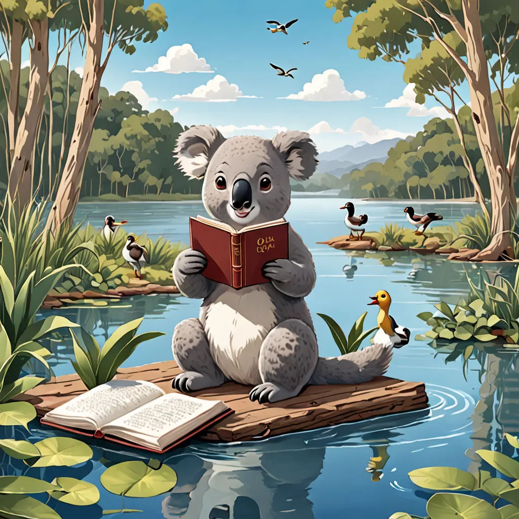 a koala bear sitting on a log reading a book in a lake surrounded by ducks and ducks in the background, fantasy art, a storybook illustration, Chris LaBrooy, storybook illustration