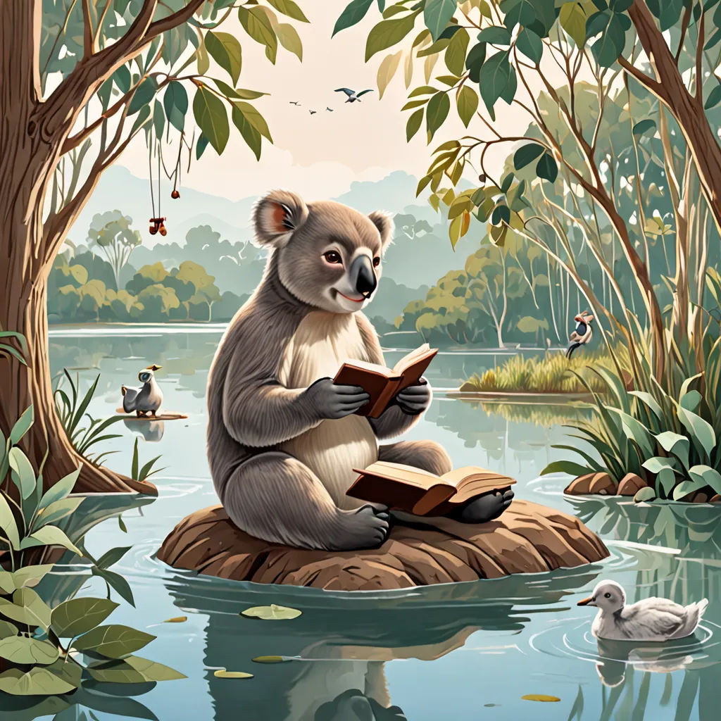 a koala bear sitting on a rock reading a book in a river with ducks in the background and trees, context art, a storybook illustration, Chris LaBrooy, storybook illustration