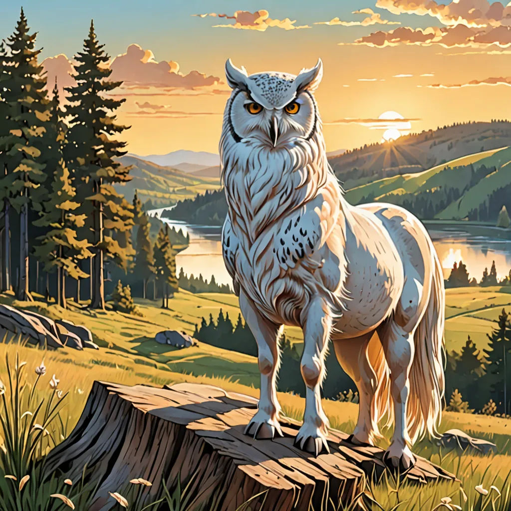 a painting of an owl standing on a log in a field with a sunset in the background and a lake in the foreground, fantasy art, a storybook illustration, Chris LaBrooy, josan gonzales and dan mumford