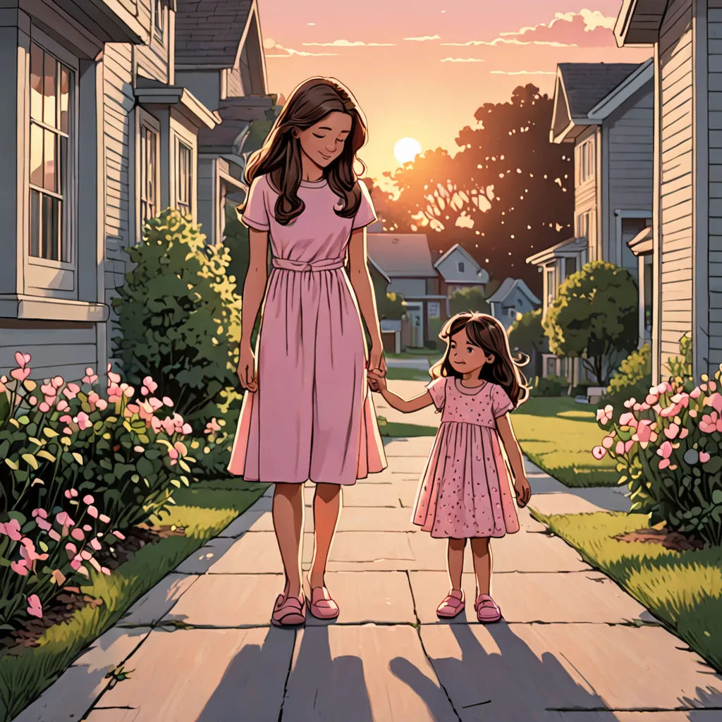 a little girl holding the hand of a little girl on a sidewalk in front of a house at sunset, american realism, a comic book panel, Chris Ware, graphic novel