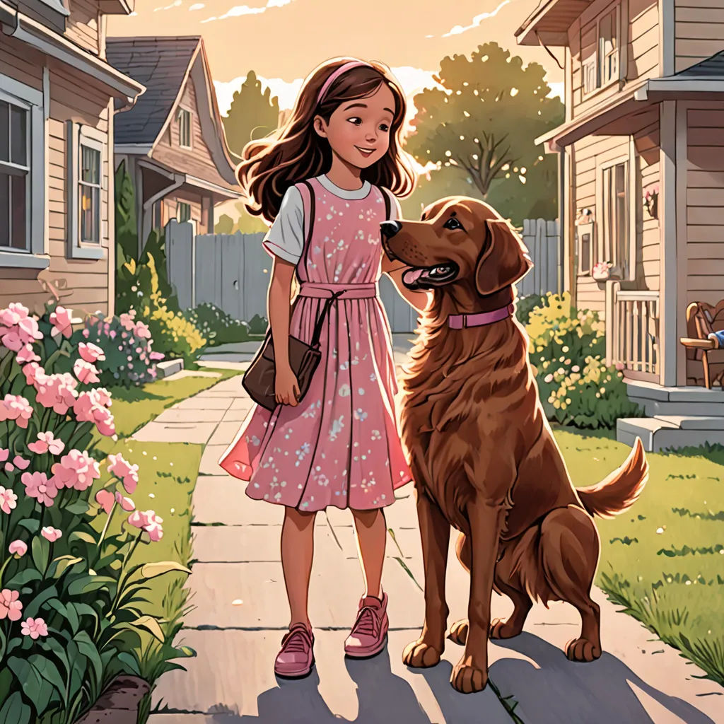 a girl and a dog standing on a sidewalk in front of a house with flowers and a house in the background, american scene painting, a storybook illustration, Bob Byerley, comic cover art