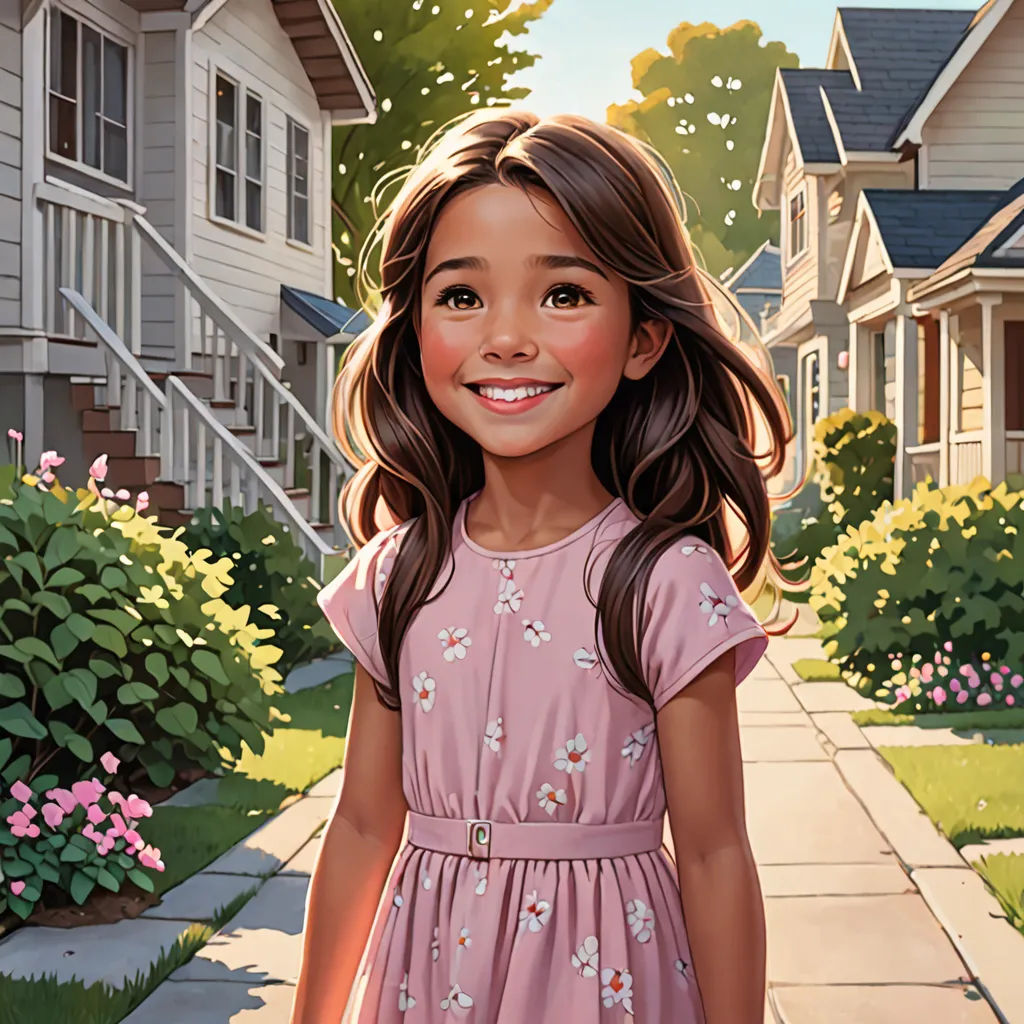 a painting of a girl in a pink dress standing on a sidewalk in front of a house with flowers, american scene painting, a storybook illustration, Bob Byerley, kinkade