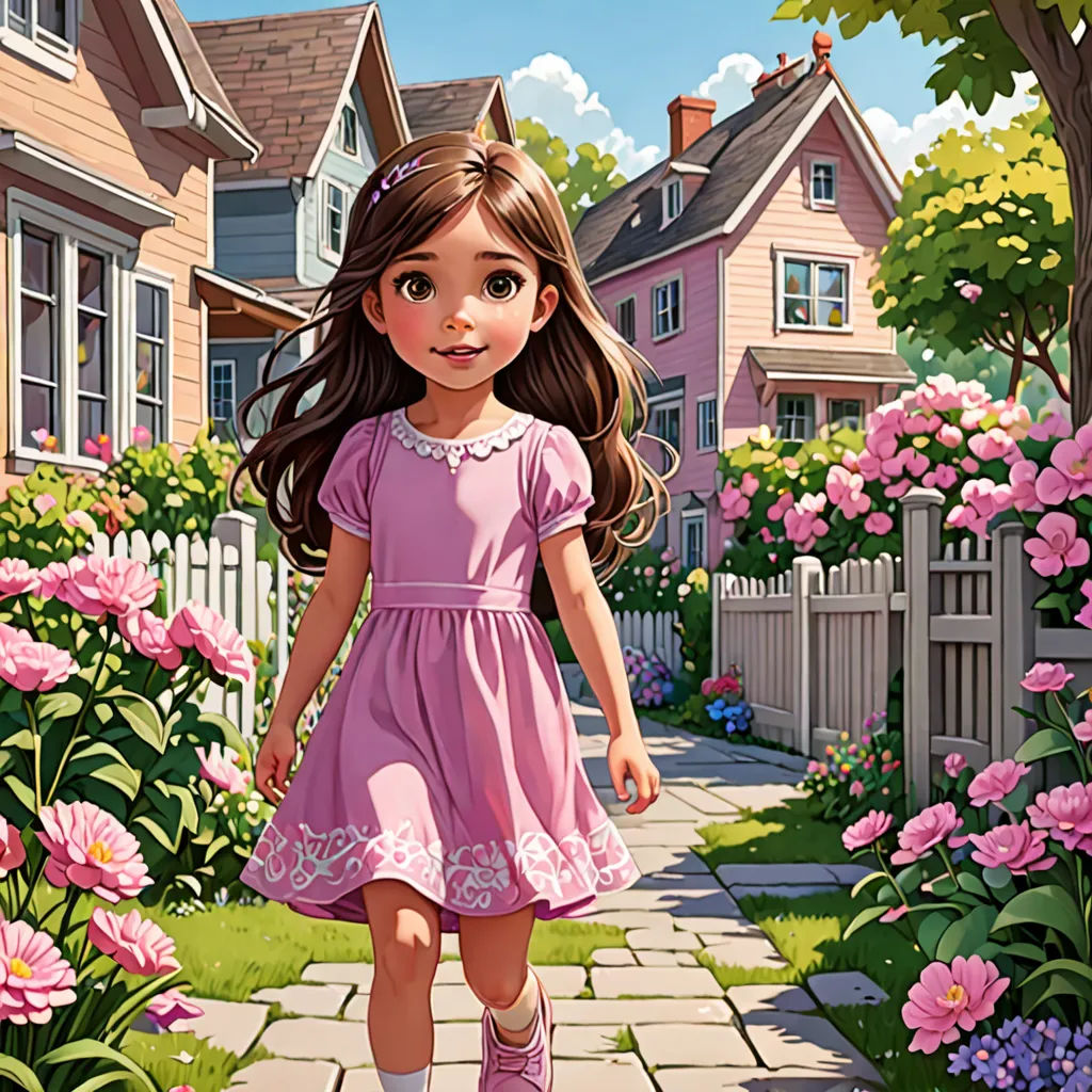 a girl in a pink dress walking down a sidewalk in front of a house and flowers on the side of the road, american scene painting, a storybook illustration, Chris LaBrooy, kinkade