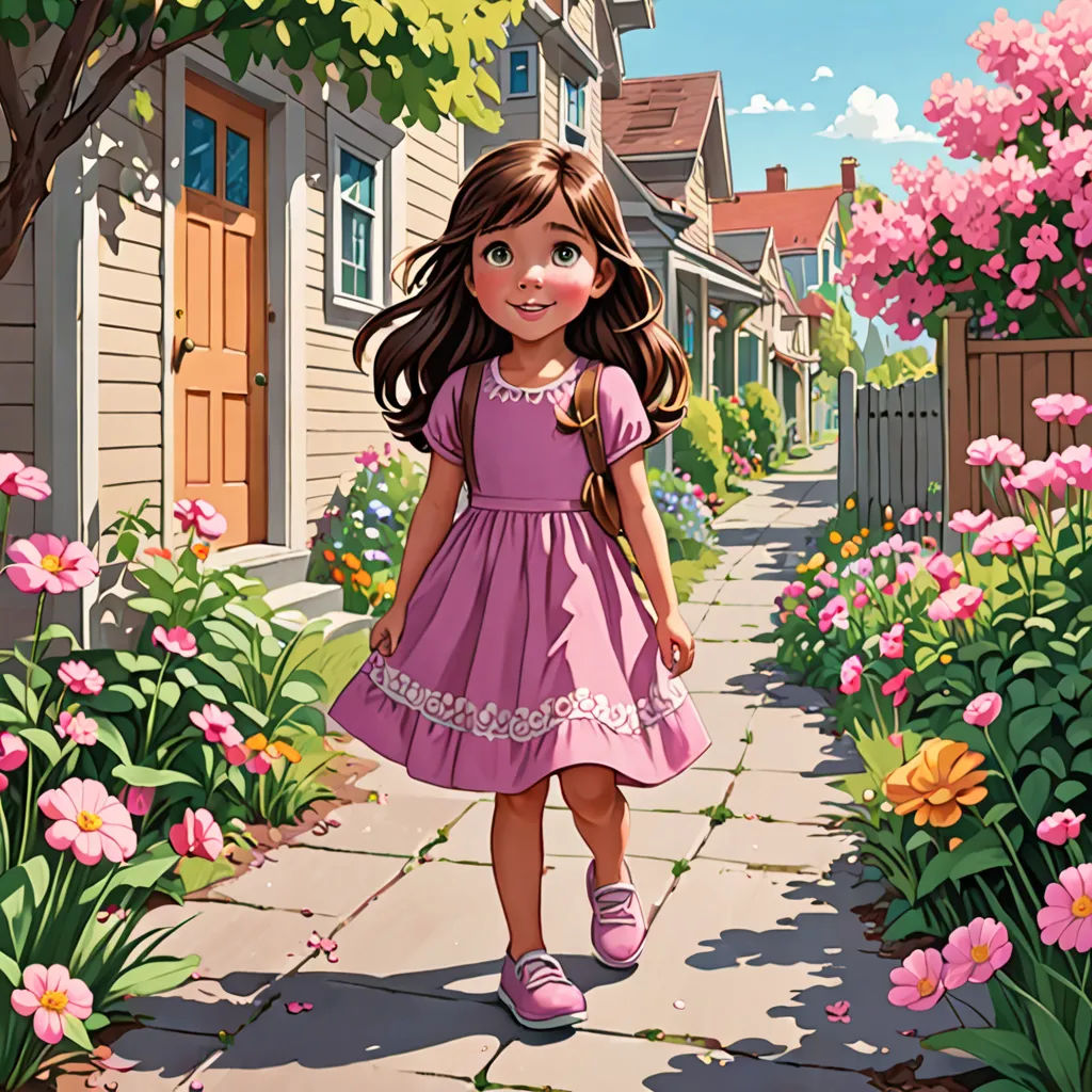 a little girl walking down a sidewalk next to a flower garden filled with pink flowers and a house in the background, american scene painting, a storybook illustration, Chris LaBrooy, kinkade