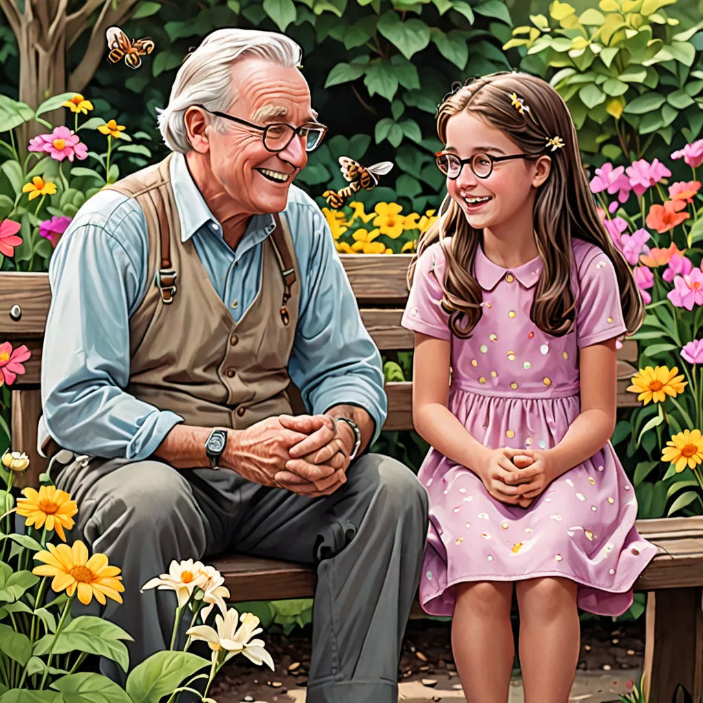 a painting of an older man and a young girl sitting on a bench in a garden with flowers and butterflies, fantastic realism, a detailed painting, Bob Byerley, highly detailed digital painting