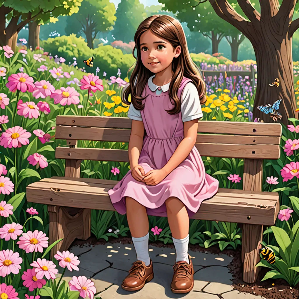 a painting of a girl sitting on a bench in a park with flowers and trees in the background and a butterfly flying overhead, magical realism, a storybook illustration, Bob Byerley, storybook illustration