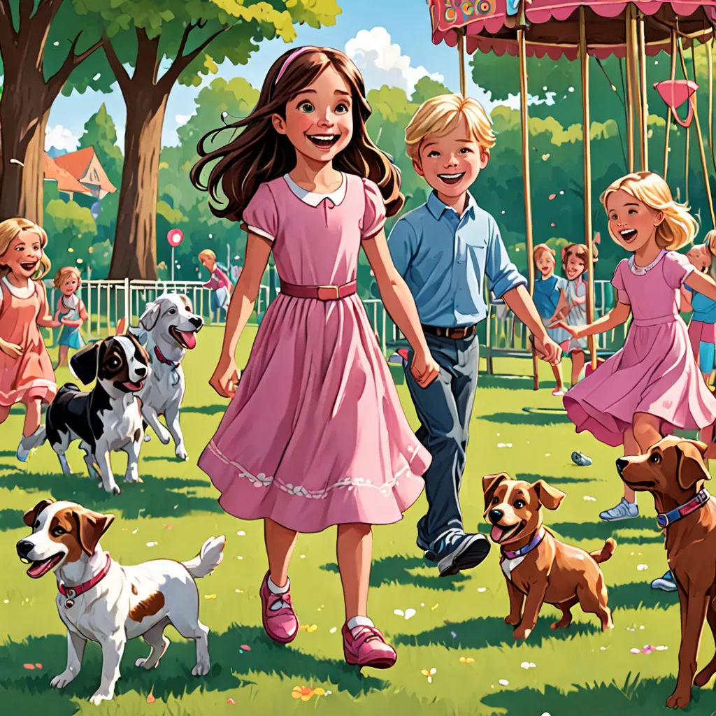 a painting of a girl and boy playing with dogs in a park with a carousel in the background and a girl in a pink dress, american scene painting, a storybook illustration, Bob Byerley, promotional image