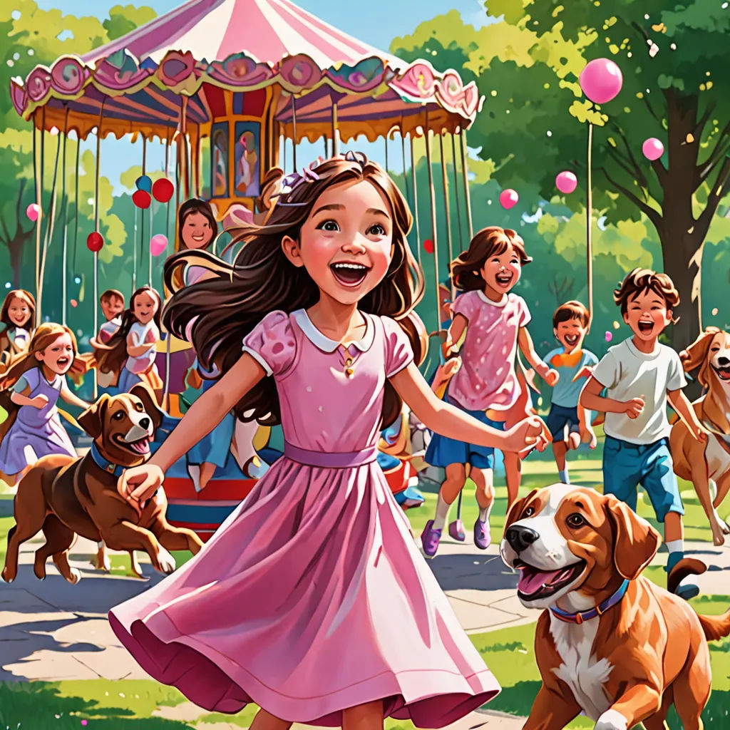 a girl in a pink dress is walking a dog in front of a carousel with a bunch of kids, american scene painting, a storybook illustration, Bob Byerley, storybook illustration