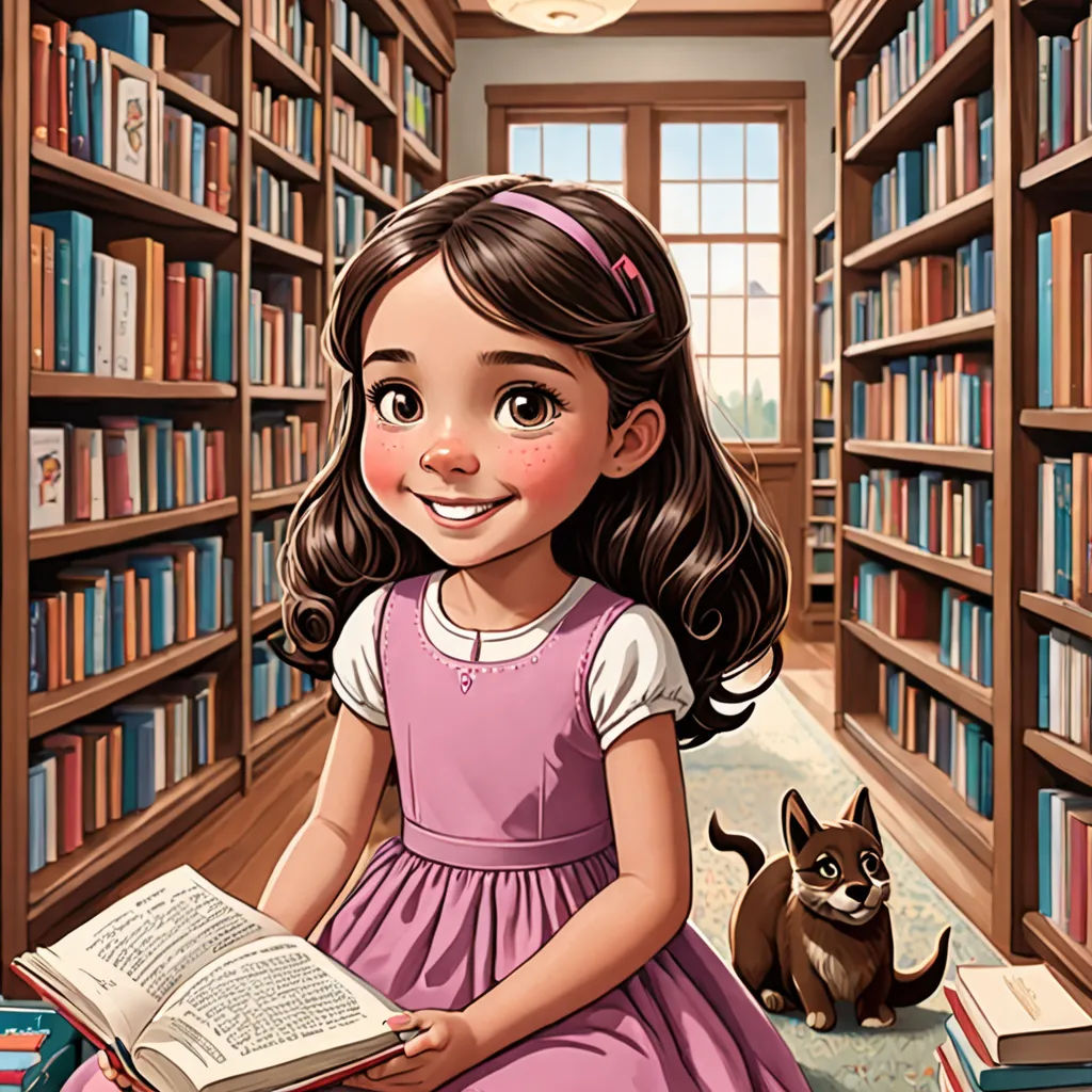 a girl in a library with a dog and a book in her hand and a cat sitting on the floor, magical realism, a storybook illustration, Clarice Beckett, storybook illustration
