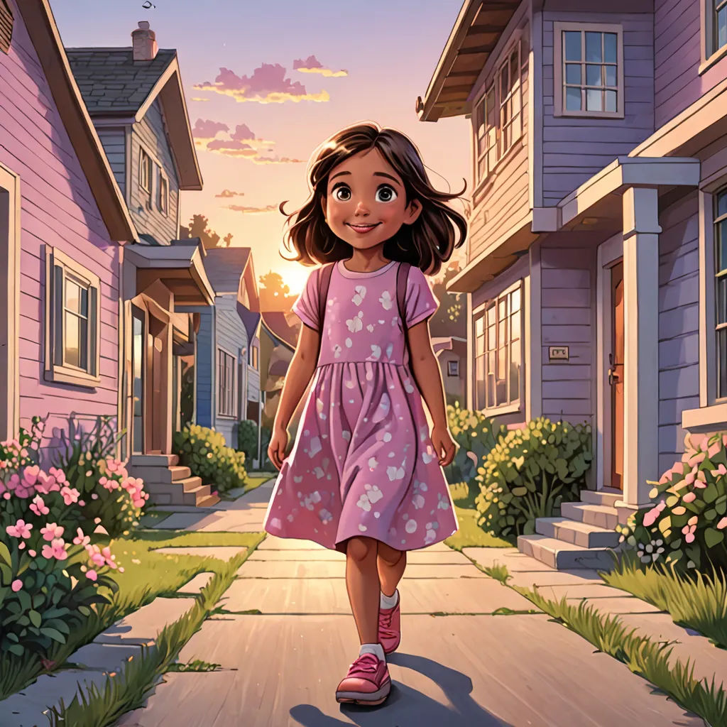 a girl in a pink dress walking down a sidewalk in front of houses with pink flowers on the sidewalk, american scene painting, a storybook illustration, Chris LaBrooy, kinkade