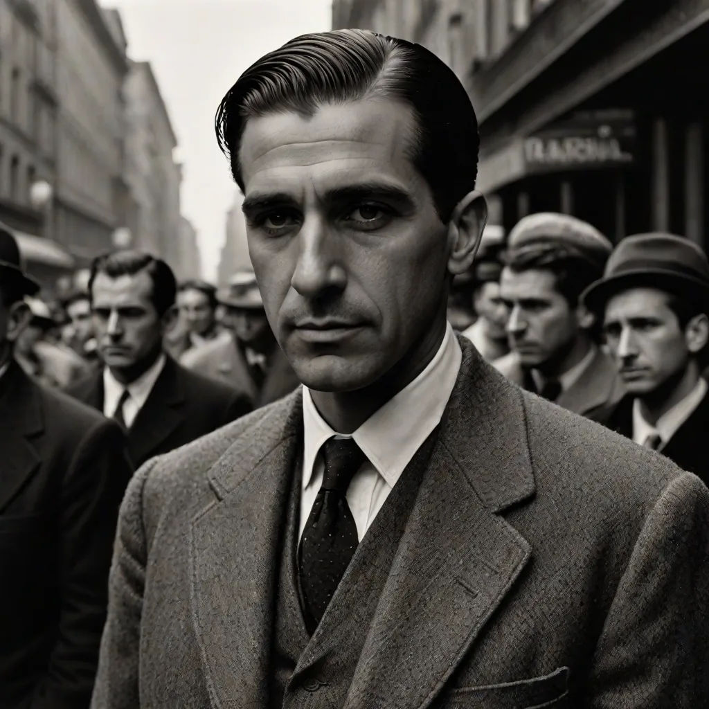 a man in a suit and tie standing in front of a crowd of men in suits and ties on a city street, a colorized photo, Alfred Eisenstaedt, mannerism, cinematic photography