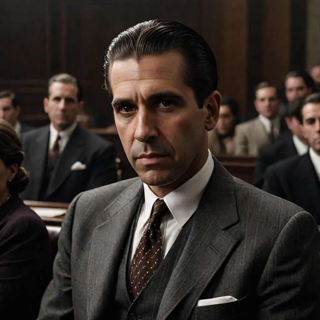 a man in a suit and tie sitting in a courtroom with other people in the background looking on from behind, a colorized photo, Anthony Angarola, mannerism, vfx