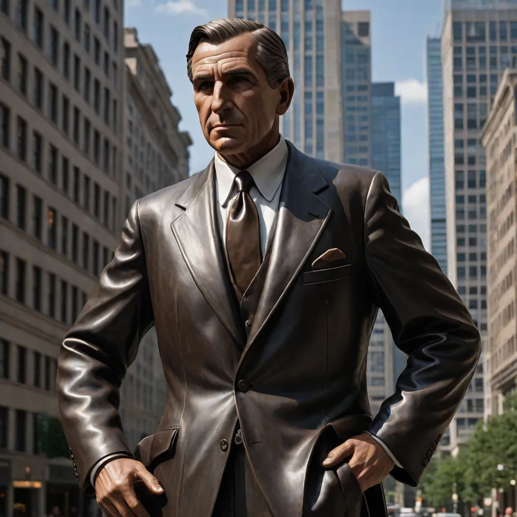 a statue of a man in a suit and tie standing in a city street with tall buildings in the background, a bronze sculpture, Dean Roger, fantastic realism, vfx