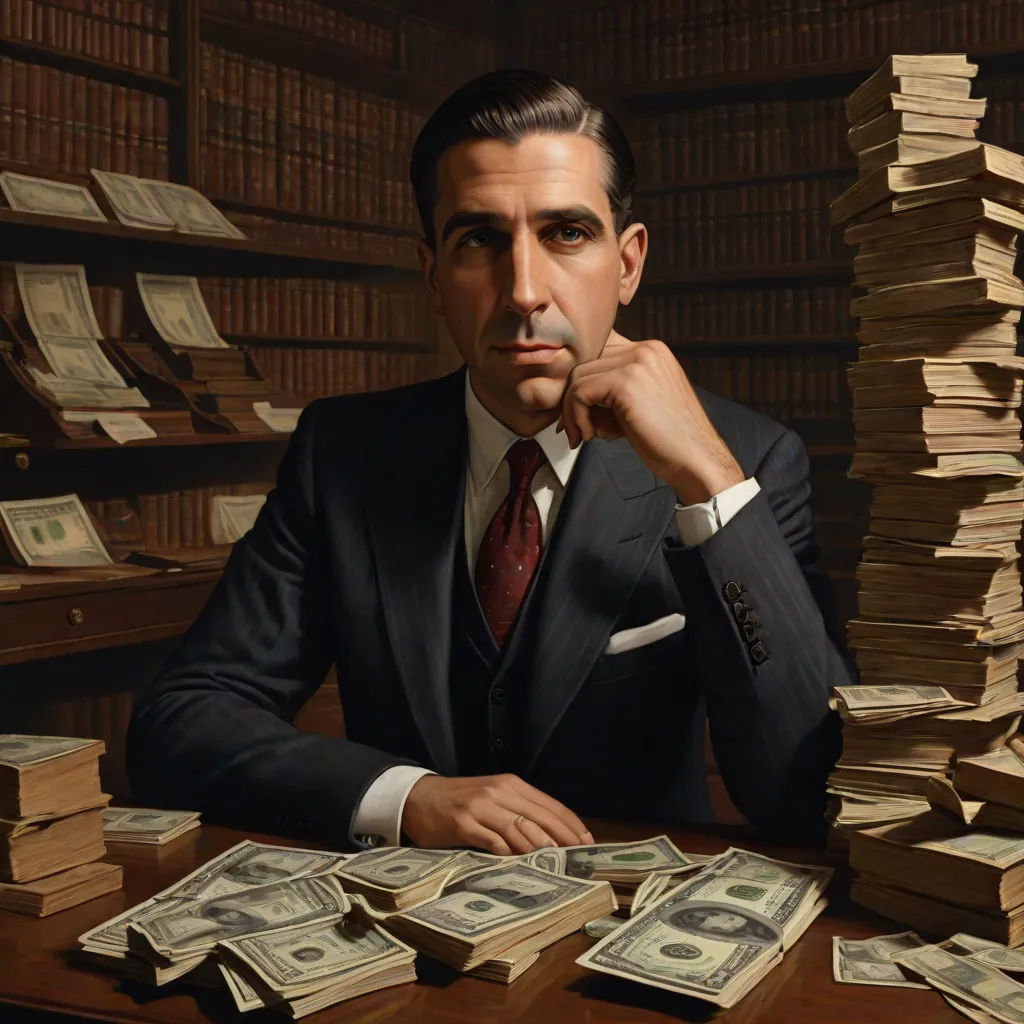 a man in a suit sitting at a desk with stacks of money in front of him and a stack of books behind him, a fine art painting, F. Scott Hess, american scene painting, highly detailed oil painting