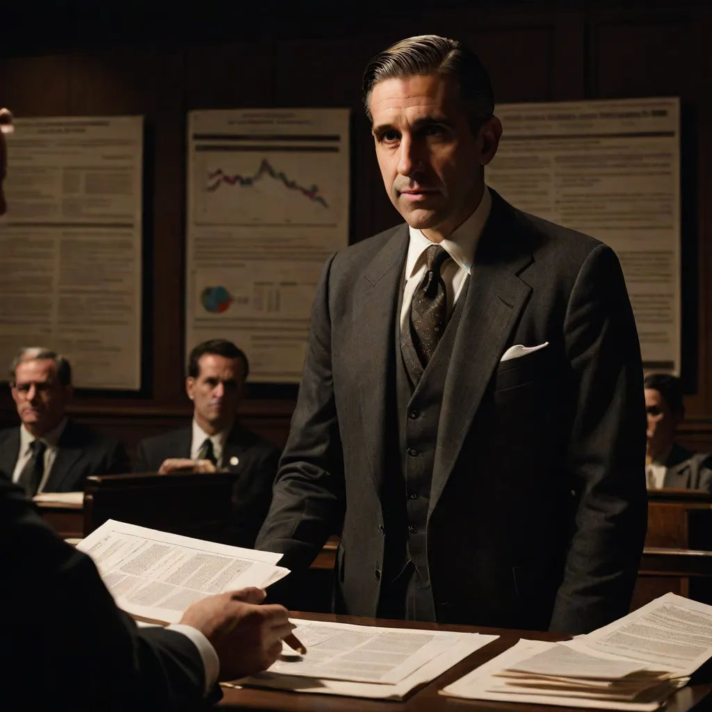 a man in a suit and tie standing in front of a desk with papers and papers on it, while another man in a suit and tie is looking at the, a hologram, Edward Otho Cresap Ord, II, precisionism, vfx
