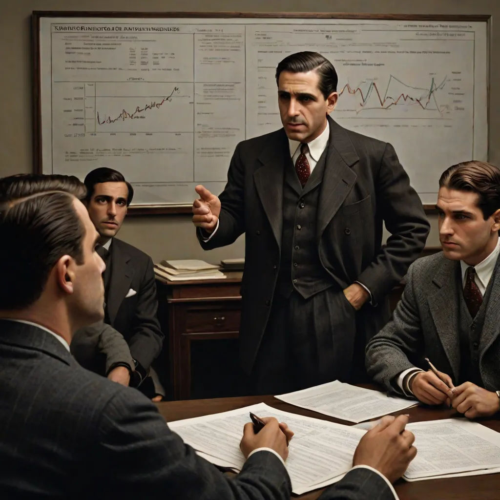 a man in a suit is talking to a group of men in suits and ties in a meeting room, a colorized photo, Don Arday, institutional critique, vfx