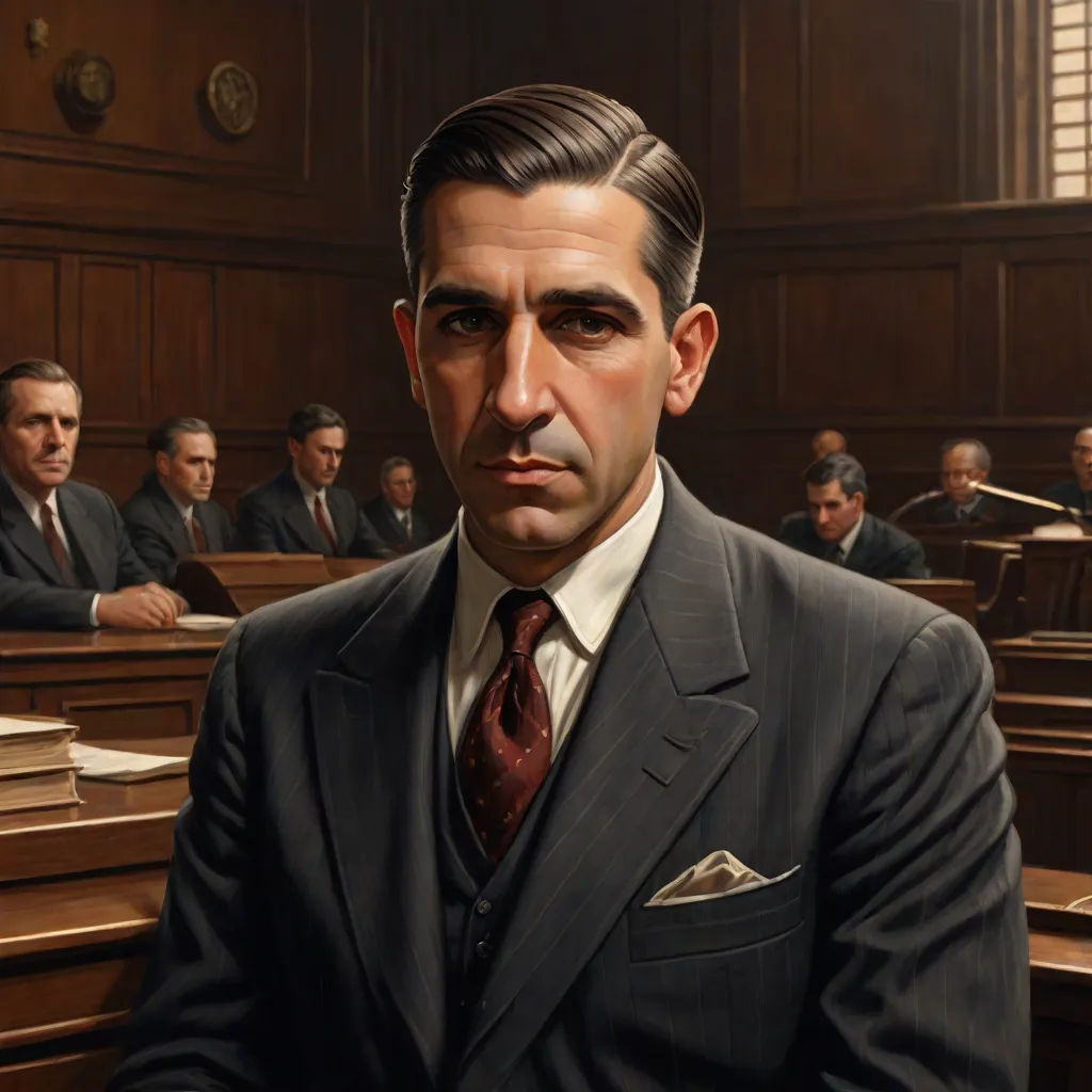 a man in a suit and tie sitting in a courtroom with other men in suits and ties behind him, a painting, Edwin Georgi, american realism, j. c. leyendecker 8 k