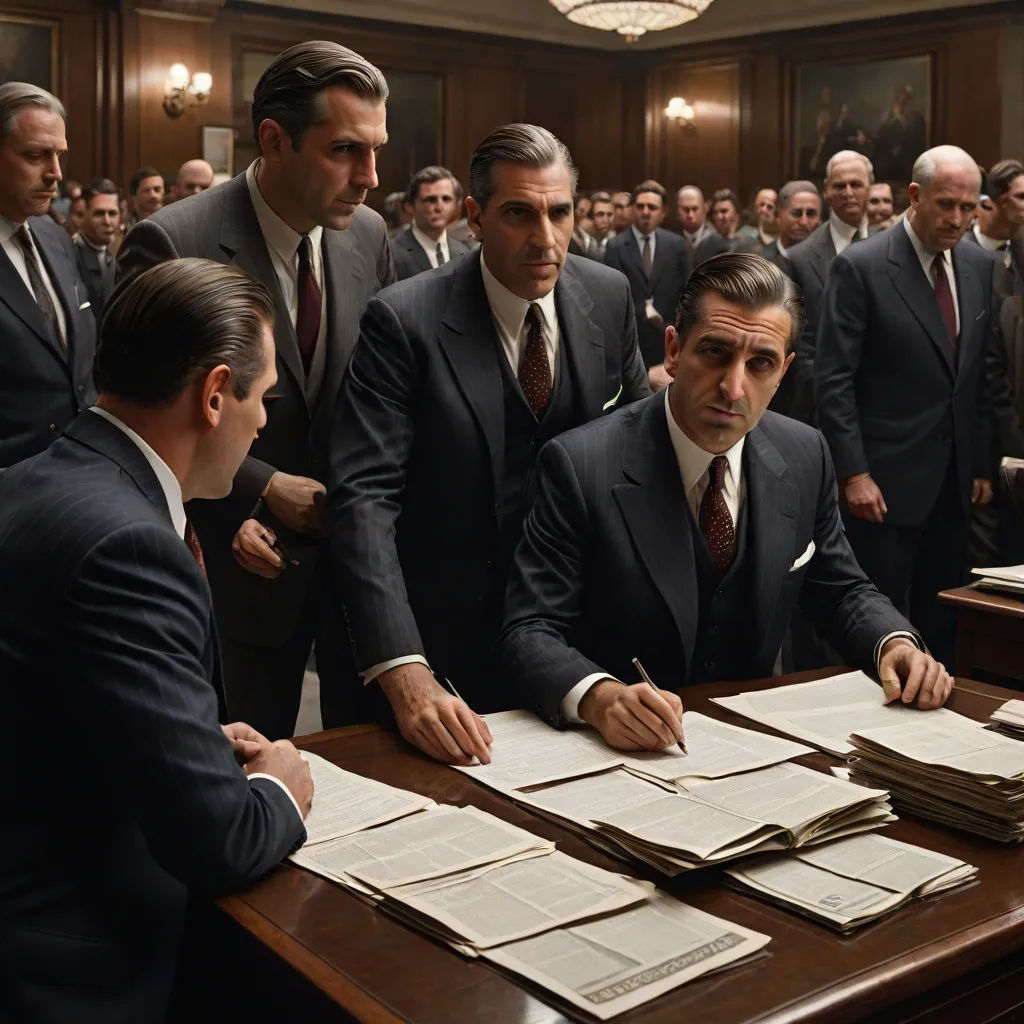 a group of men in suits and ties standing around a table with papers and papers on it, and a man in a suit and tie, a colorized photo, Edward Otho Cresap Ord, II, serial art, vfx