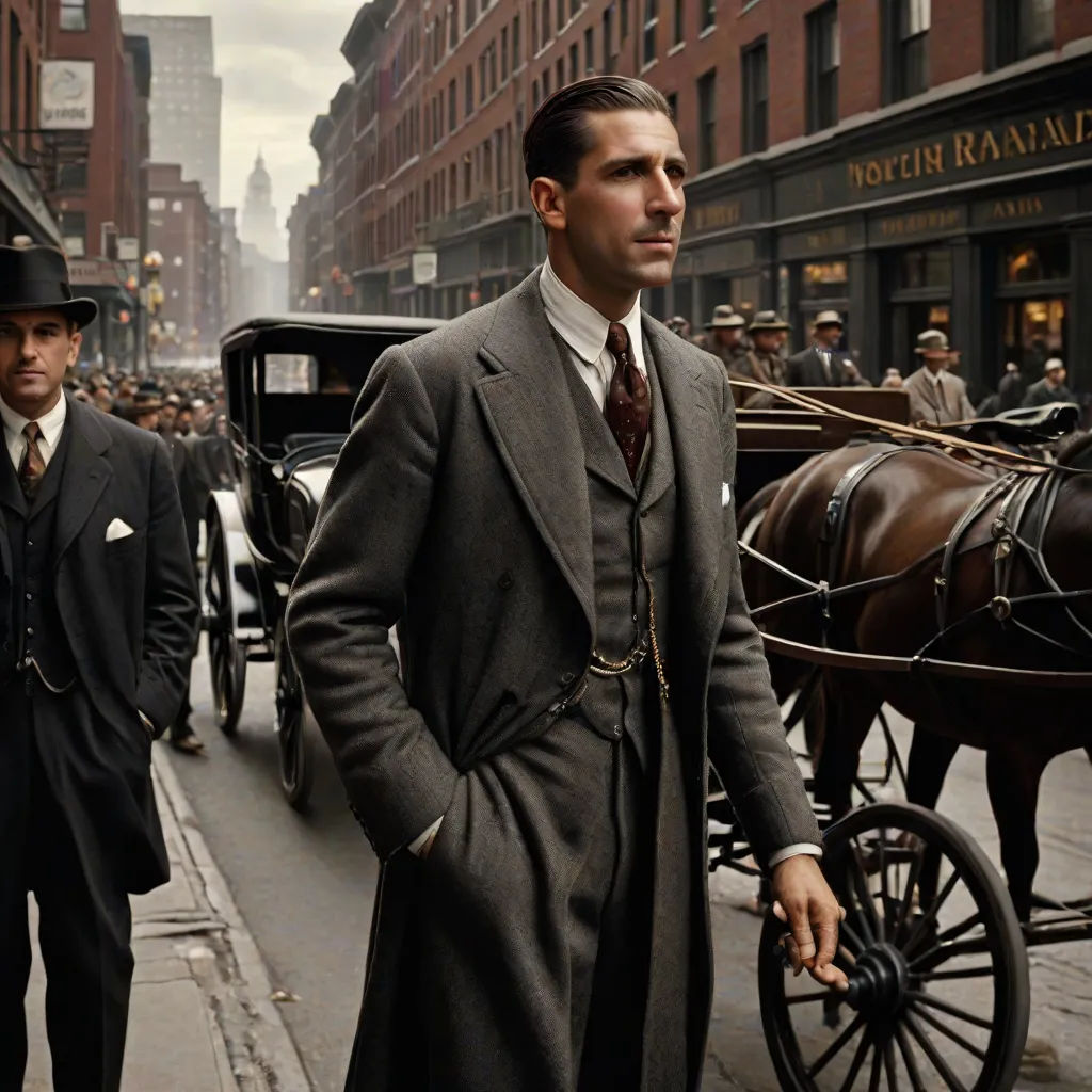 a man in a suit and tie standing next to a horse drawn carriage on a city street with other men in the background, a colorized photo, Annie Leibovitz, harlem renaissance, vfx