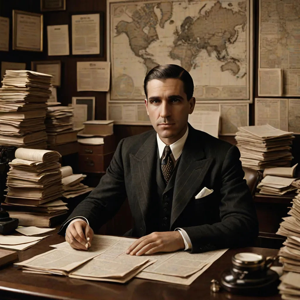 a man in a suit sitting at a desk with stacks of papers and a telephone on it, in front of a map, a colorized photo, Alberto Vargas, new objectivity, vfx