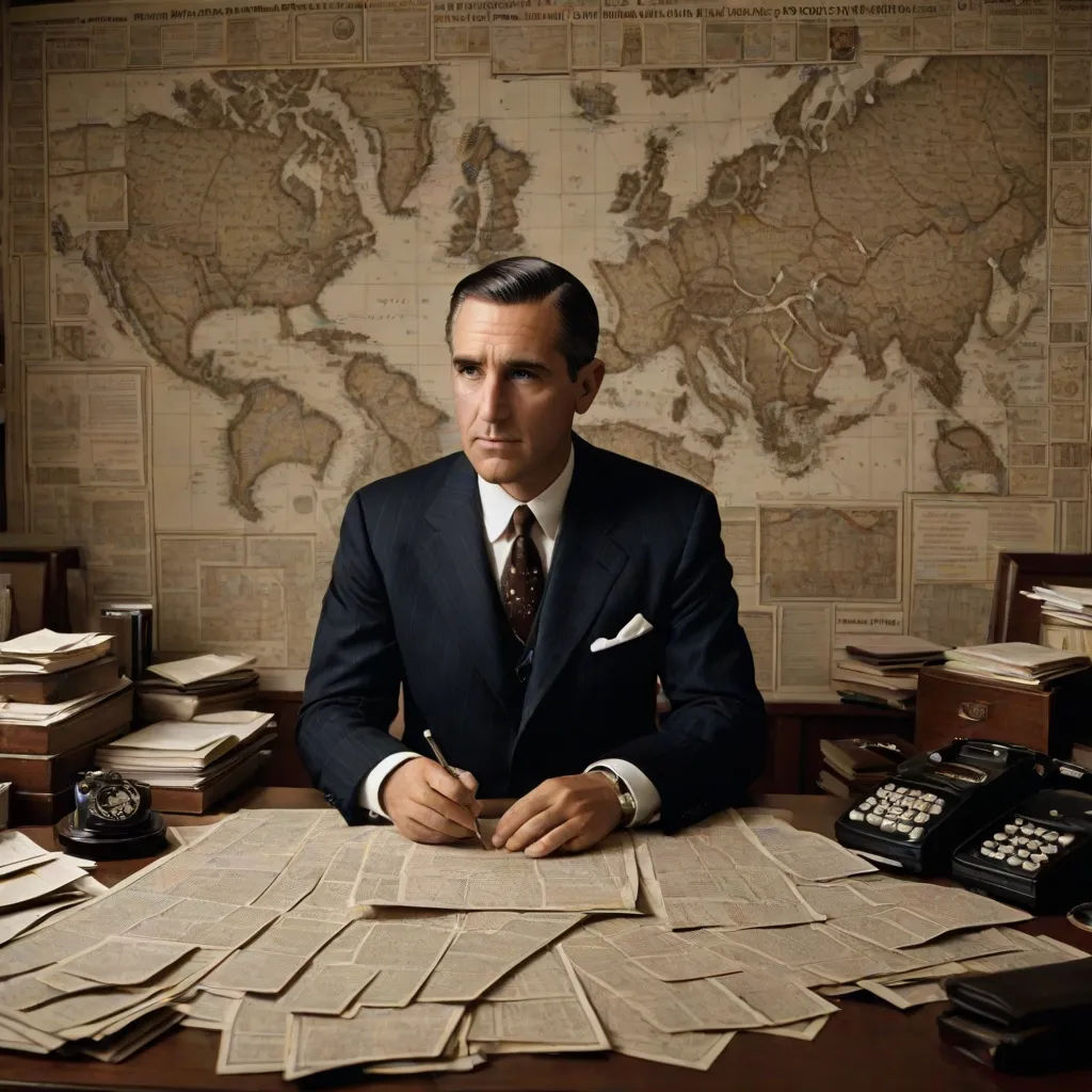 a man in a suit sitting at a desk with a lot of papers on it and a phone in front of him, a colorized photo, Don Eddy, international typographic style, vfx