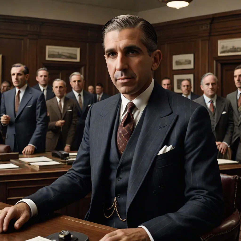 a man in a suit sitting at a desk in front of a group of men in suits and ties, a colorized photo, Don Arday, fantastic realism, vfx