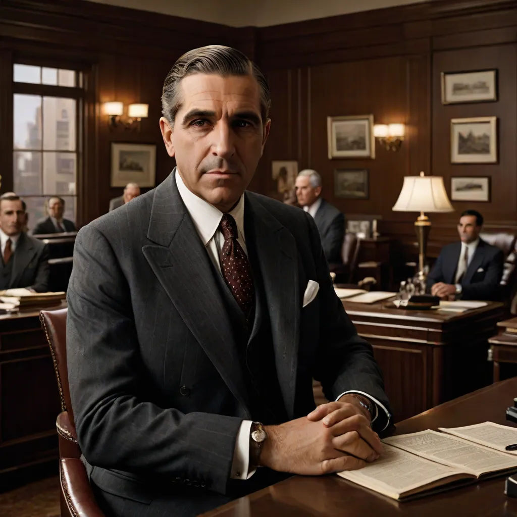 a man in a suit sitting at a desk in a courtroom with other men in the background looking on, a colorized photo, Don Arday, american realism, vfx