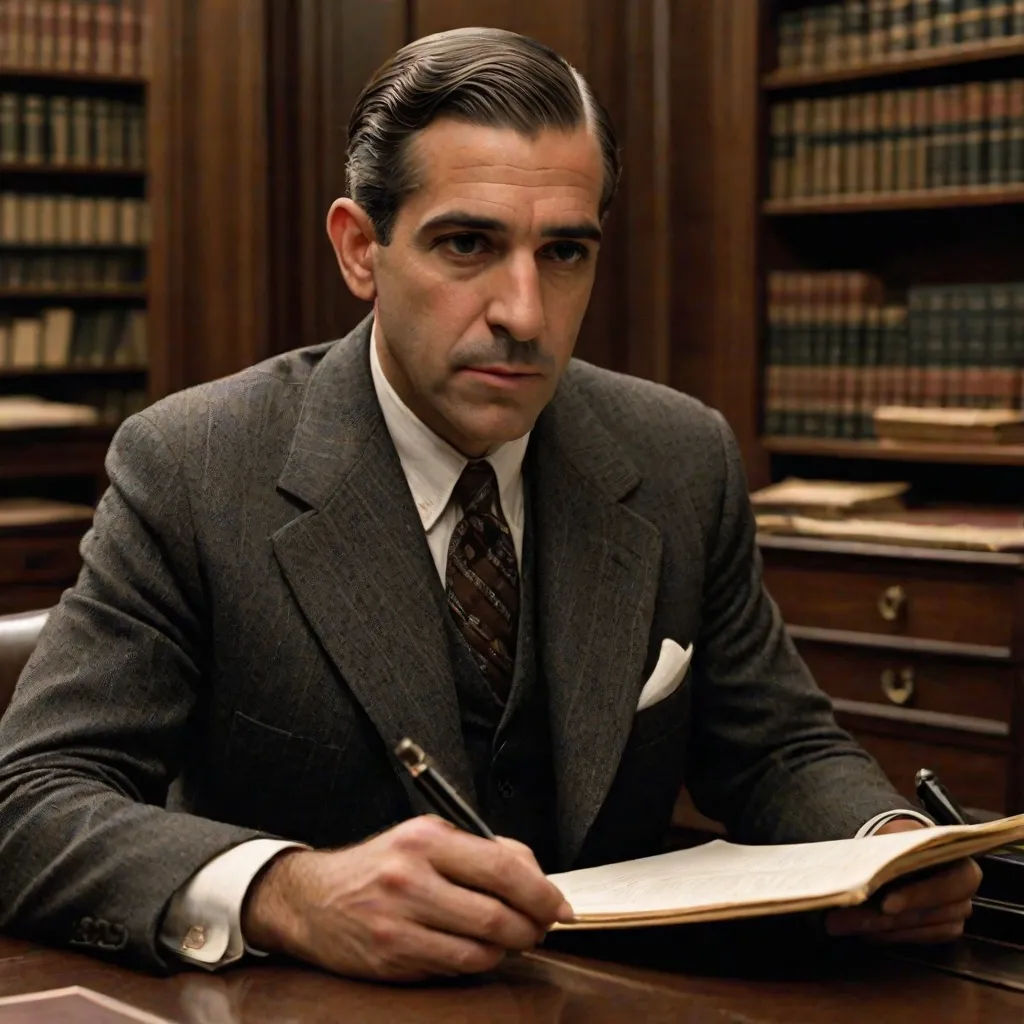 a man in a suit sitting at a desk with a book and pen in his hand and a book in his other hand, a colorized photo, Don Arday, private press, vfx