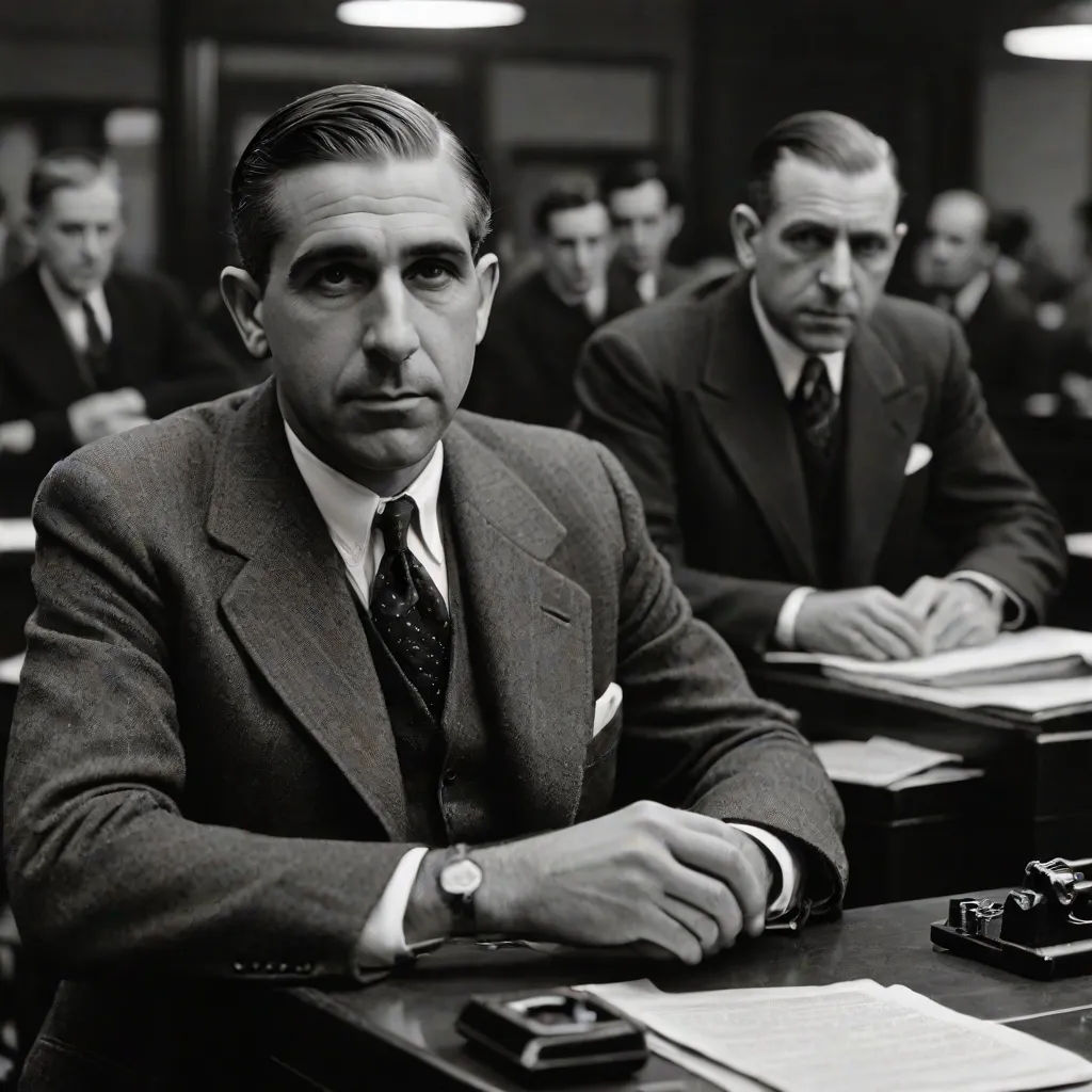 a man sitting at a desk in a room with other men in suits and ties around him and a typewriter in front of him, a colorized photo, Charles Mahoney, new objectivity, vfx